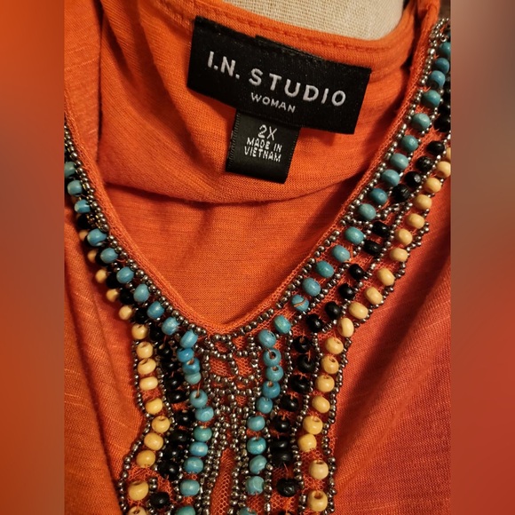 I.N. Studio Orange Beaded Short Sleeve Top - Picture 2 of 6